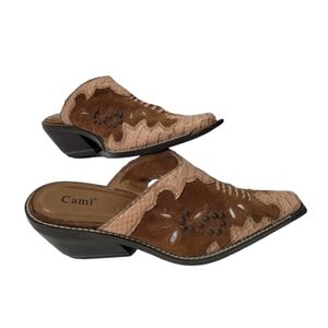 Womens Western Brown Tan Leather Croco Embossed Clog Sz 6.5 Minimalist Southwest